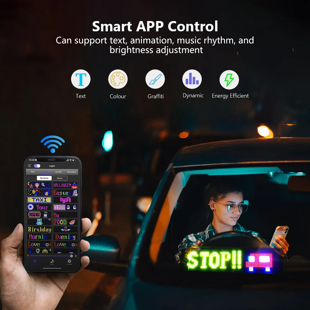 ✨ Flexible Car LED Panel – Programmable Bluetooth App-Controlled Light Sign for Vehicles