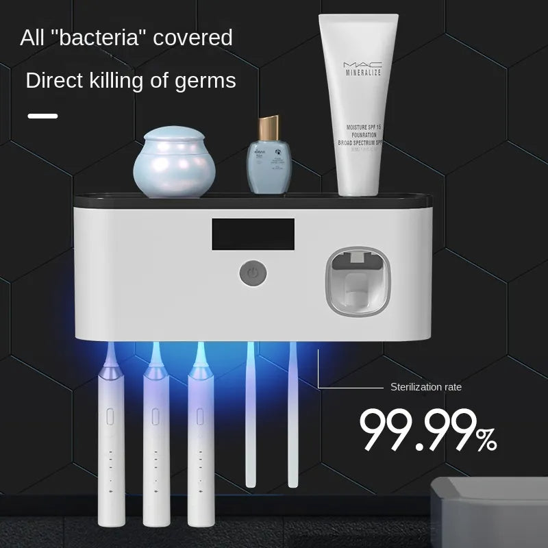 🦷 Wall-Mounted Toothbrush Holder – UV Sterilization & Storage Rack with Toothpaste Squeezer