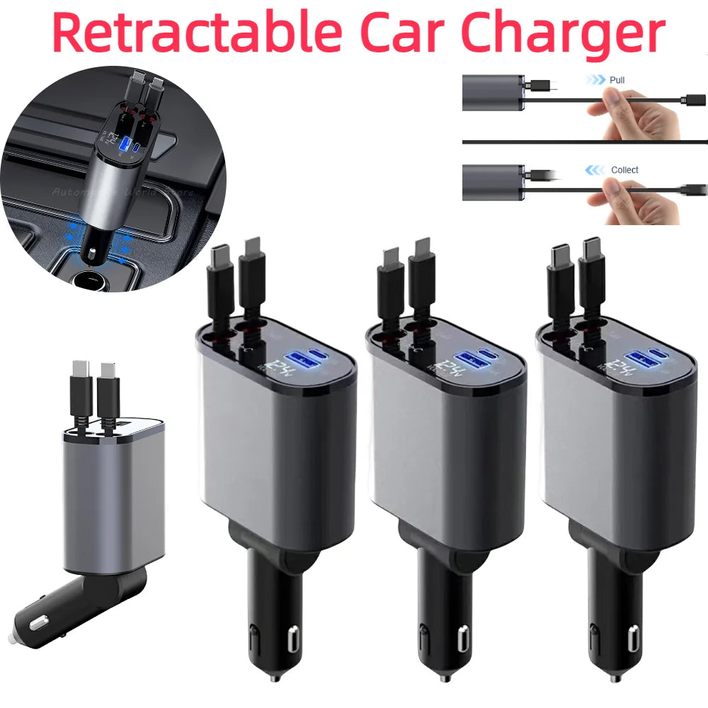 🚗 Retractable Car Charger — 4-in-1 USB Fast Charger with PD 88W Power