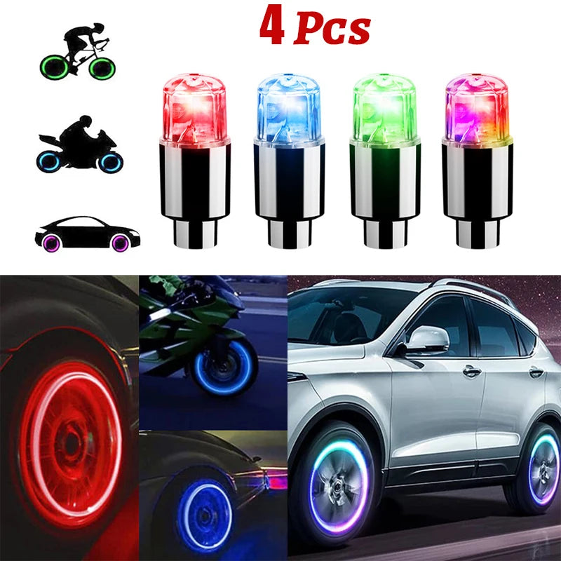 🚗 Tire Valve LED Caps – 4-Piece Colorful Wheel Lights for Cars, Bikes, and Motorcycles