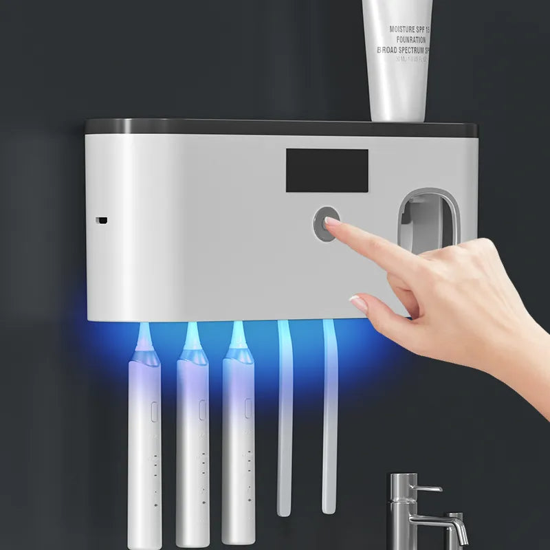 🦷 Wall-Mounted Toothbrush Holder – UV Sterilization & Storage Rack with Toothpaste Squeezer