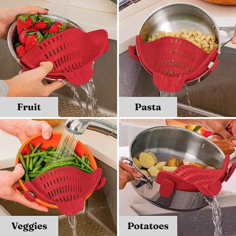 🍳 Universal Silicone Strainer Clip – Hassle-Free Kitchen Draining Solution